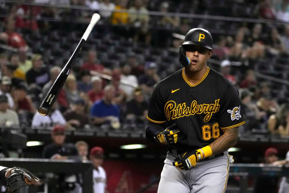 Aug 8, 2022; Phoenix, Arizona, USA; Pittsburgh Pirates right fielder Bligh Madris (66) draws a walk against the Arizona Diamondbacks in the fifth inning at Chase Field.