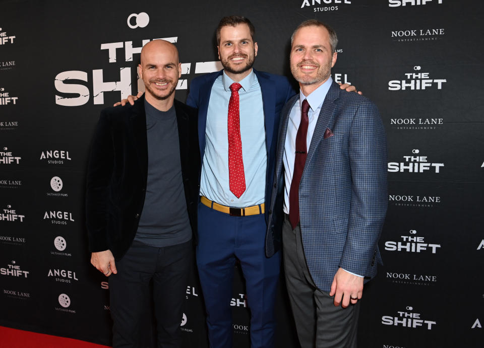 From left, Neal Harmon, Jeff Harmon and Jordan Harmon attend the L.A. premiere of ‘The Shift’ in November 2023. (Photo by Jon Kopaloff/Getty Images for ‘The Shift’)