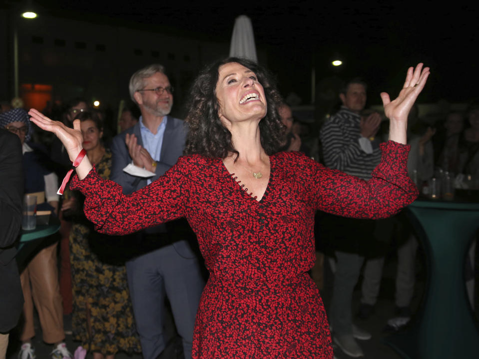 Berlin mayoral candidate Bettina Jarasch of the Green Party reacts as she arrives at an election party in Berlin after parliamentary elections Sunday Sept. 26, 2021. (Christoph Soeder/dpa via AP)