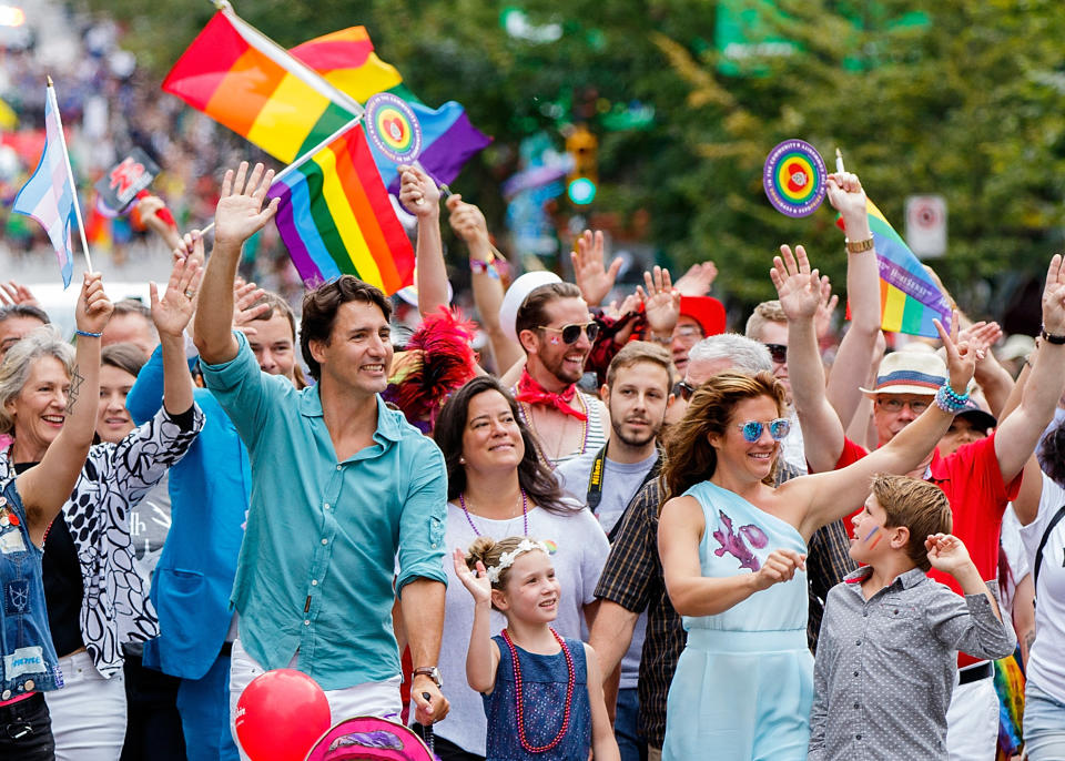 (L-R) Prime Minister of Canada Justin Trudeau, daughter Ella-Grace Margaret Trudeau, wife Sophie Gregoire Trudeau and oldest son Xavier James Trudeau attend the 38th Annual Vancouver Pride parade on July 31, 2016 in Vancouver, Canada. (Photo by Andrew Chin/Getty Images)