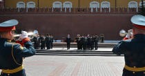 Russian President Vladimir Putin, center, delivers his speech standing next to a small group of Russian WWII veterans during a wreath laying ceremony at the Tomb of Unknown Soldier in Moscow, Russia, Tuesday, June 22, 2021, marking the 80th anniversary of the Nazi invasion of the Soviet Union. (Alexei Nikolsky, Sputnik, Kremlin Pool Photo via AP)