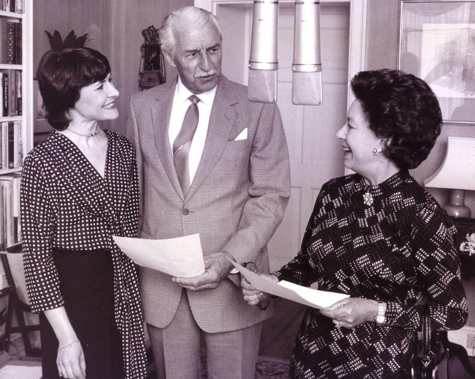 The Archers cast members Sara Coward and Arnold Peters with Princess Margaret during the recording of a special episode of The Archers in 1984 (PA) (PA Archive)