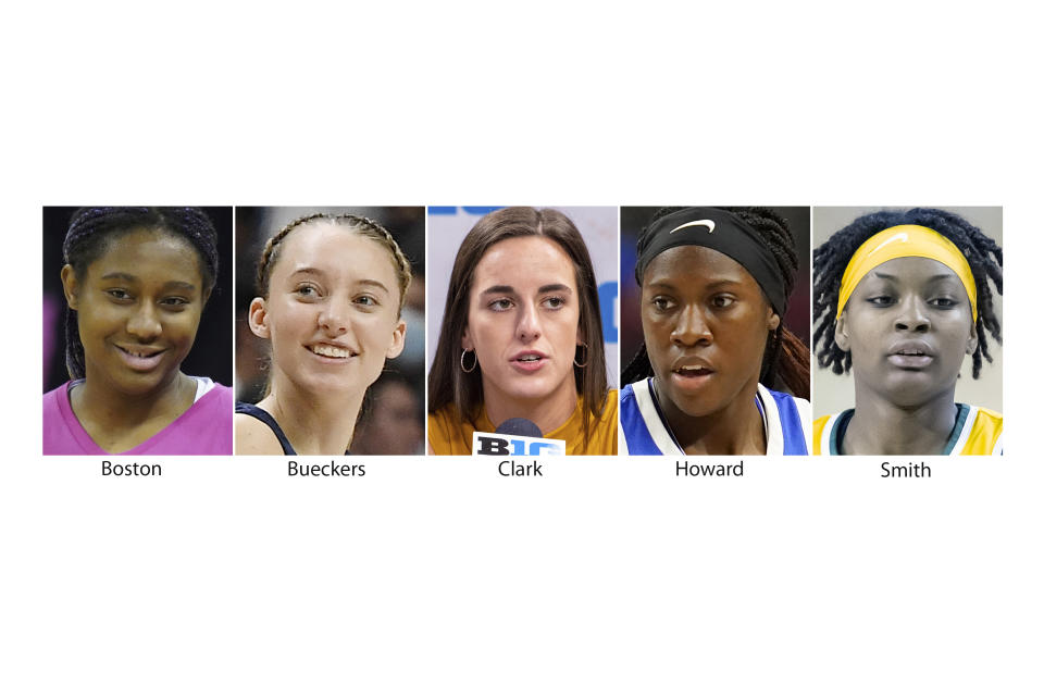 FILE - These are 2020 and 2021 file photos showing, from left; South Carolina's Aliyah Boston, UConn's Paige Bueckers, Iowa's Caitlan Clark, Kentucky's Rhyne Howard and Baylor's NaLyssa Smith. Paige Bueckers was a unanimous choice as an AP women's NCAA college basketball preseason All-America, announced Tuesday, Oct. 26, 2021. She was joined on the five-player team by fellow sophomore Caitlin Clark of Iowa, junior Aliyah Boston of South Carolina, and seniors NaLyssa Smith of Baylor and Rhyne Howard of Kentucky. (AP Photo/File)