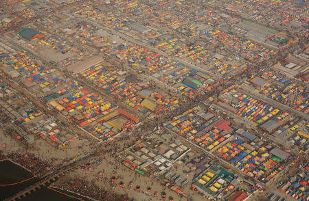 FILE PHOTO: An aerial view of the camps during "Kumbh Mela", or the Pitcher Festival, in Prayagraj, previously known as Allahabad, India, February 3, 2019. REUTERS/Adnan Abidi/File Photo