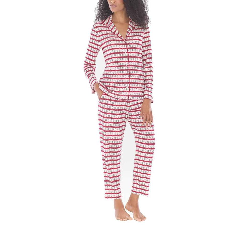 Cool Nights Long Sleeve Grosgrain Trim Notch Collar Pajama Top and Bottoms