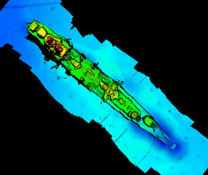 A sonar scan of sunken German WWII warship cruiser 