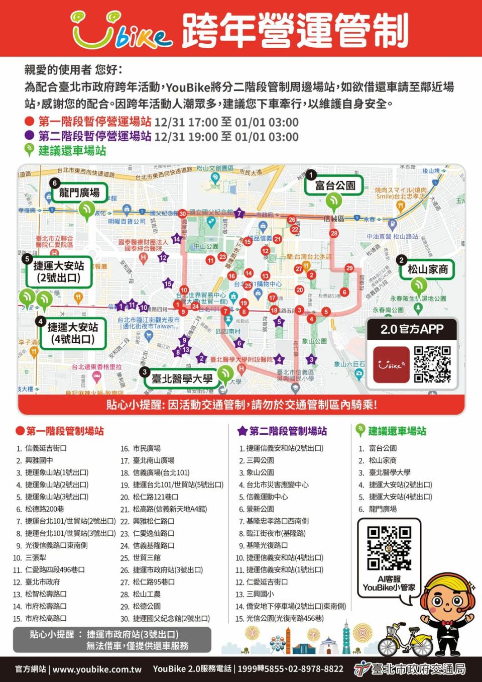 Youbike 跨年營運管制。   圖：台北市交通局／提供