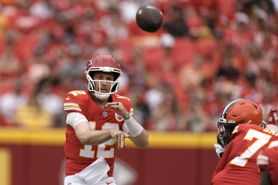 Kansas City Chiefs quarterback Shane Buechele throws during the first half of an NFL preseason football game against the Cleveland Browns Saturday, Aug. 26, 2023, in Kansas City, Mo. (AP Photo/Charlie Riedel)