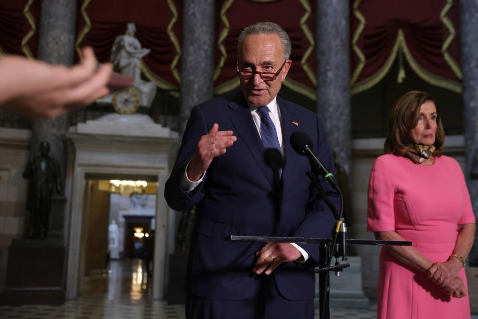 WASHINGTON, DC - AUGUST 07:  U.S. Speaker of the House Rep. Nancy Pelosi (D-CA) and Senate Minority Leader Sen. Chuck Schumer (D-NY) speak to members of the press after a meeting with Treasury Secretary Steven Mnuchin and White House Chief of Staff Mark Meadows at the U.S. Capitol August 7, 2020 in Washington, DC. Treasury Secretary Steven Mnuchin, Speaker of the House Rep. Nancy Pelosi, Senate Minority Leader Sen. Chuck Schumer and White House Chief of Staff Mark Meadows were unable to reach a deal on a new relief package to help people weather the COVID-19 pandemic.  (Photo by Alex Wong/Getty Images)