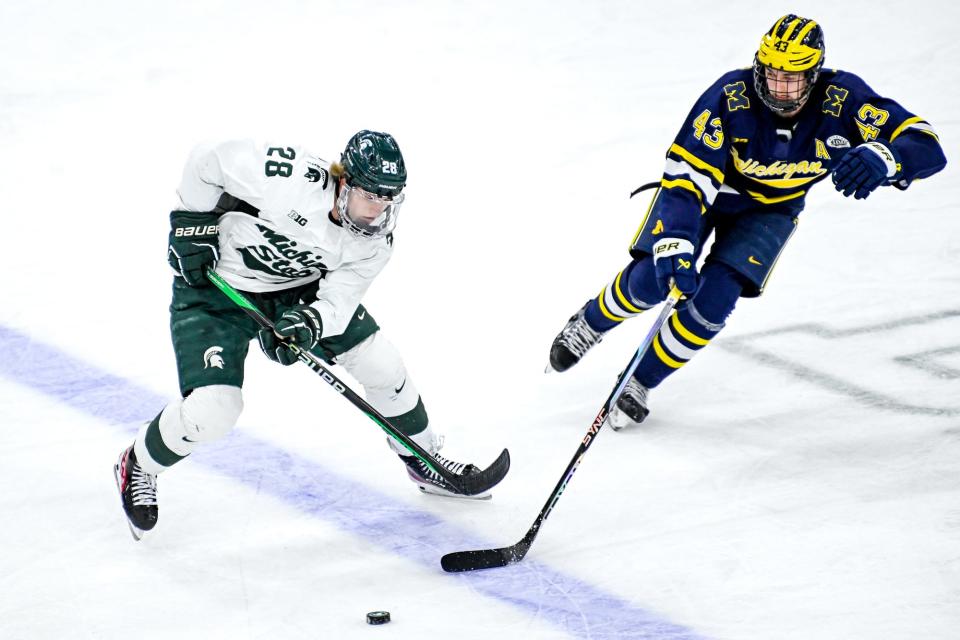 Michigan State's Karsen Dorwart, left, moves with the puck as Michigan's Luke Hughes closes in during the first period on Friday, Dec. 9, 2022, at Munn Arena in East Lansing.