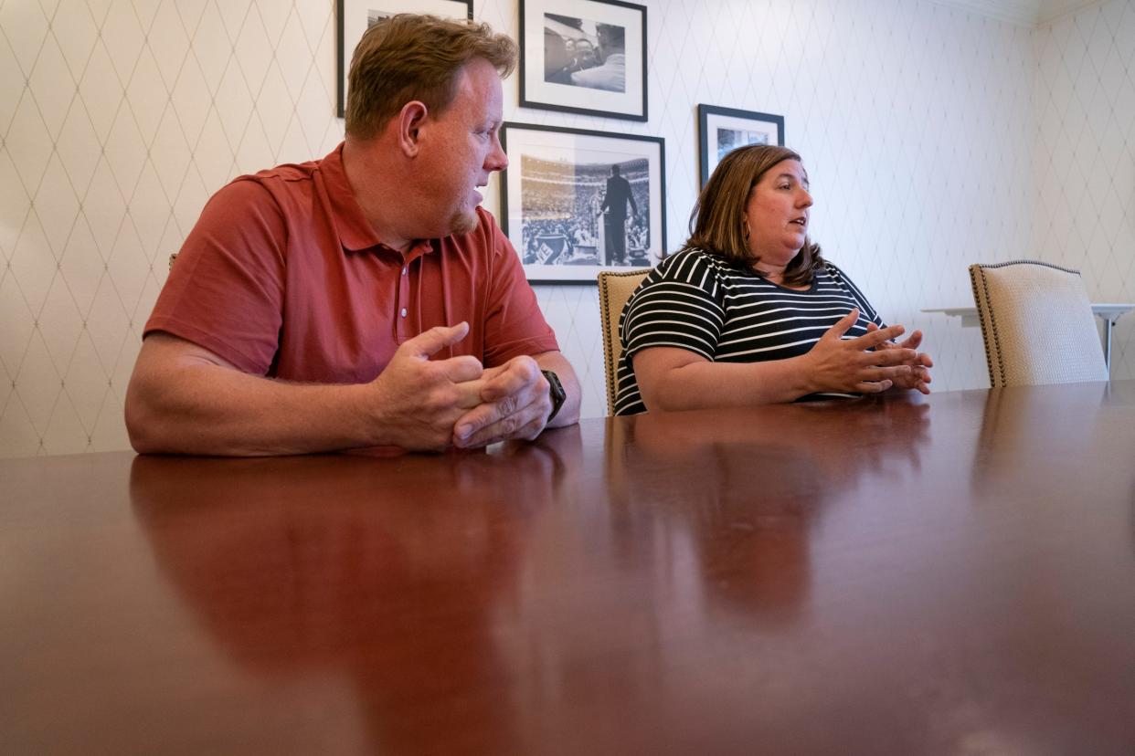 Rob and April Malick speak to attorney Deborah Gordon who is representing the couple as they sue their school district, Croswell-Lexington Community Schools over an alleged pattern of racism. The family meets Gordon in her Bloomfield Hills office on May 24, 2022.