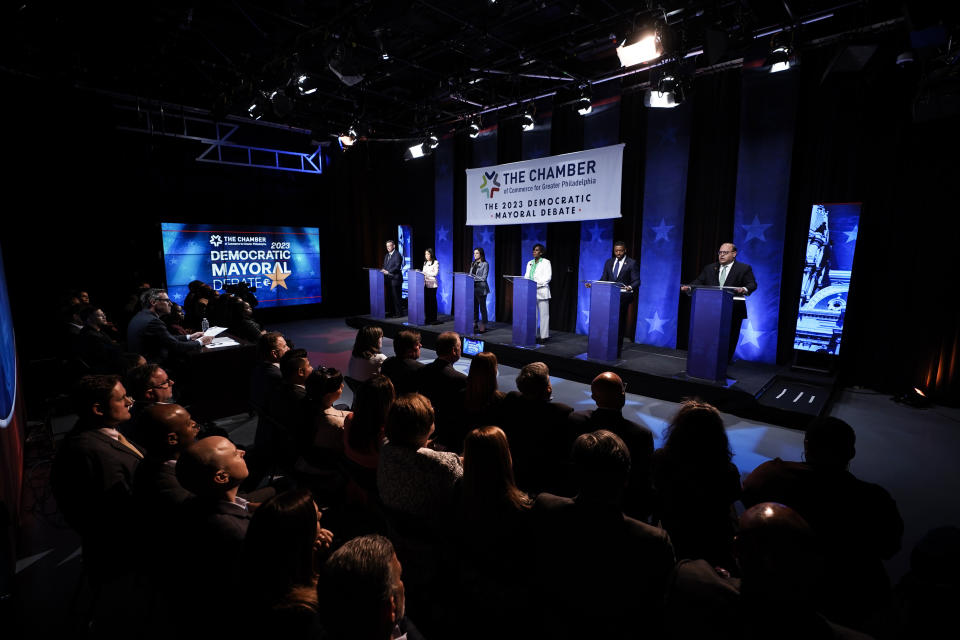 FILE - Mayoral candidates, from left to right, Jeff Brown, Helen Gym, Rebecca Rhynhart, Cherelle Parker, state Rep. Amen Brown and Allan Domb take part in a Democratic primary debate at the WPVI-TV studio in Philadelphia on April 25, 2023. In Philadelphia's first mayoral race since crime spiked during the coronavirus pandemic, the crowded Democratic field is trying to make public safety a campaign cornerstone, advocating approaches that range from mental health interventions and cleaner streets to echoes of “tough-on-crime” Republican rhetoric. (AP Photo/Matt Rourke, File)