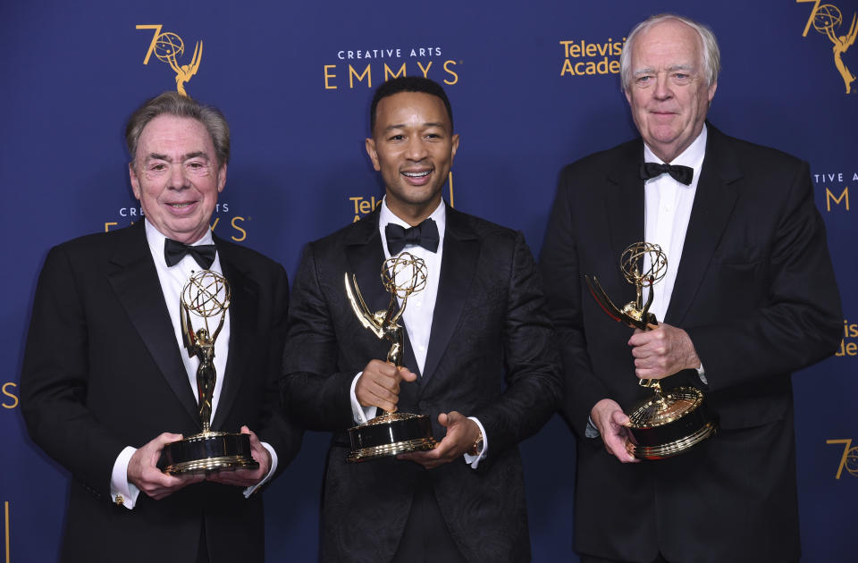 Andrew Lloyd Webber, left, John Legend, and Tim Rice winners of the award for outstanding variety special for "Jesus Christ Superstar Live in Concert" poses in the press room during night two of the Creative Arts Emmy Awards at The Microsoft Theater on Sunday, Sept. 9, 2018, in Los Angeles. (Photo by Richard Shotwell/Invision/AP)