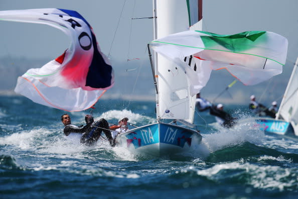 Gabrio Zandona (R) and Pietro Zucchetti (L) of Italy compete in the Men's 470 Sailing on Day 6 of the London 2012 Olympic Games at the Weymouth & Portland Venue at Weymouth Harbour on August 2, 2012 in Weymouth, England. (Photo by Clive Mason/Getty Images)