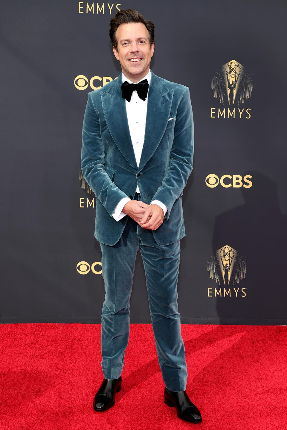 <p>The <em>Ted Lasso </em>star and Emmy nominee looked dapper in a teal velvet Tom Ford tux <a href="https://people.com/style/2021-emmy-awards-jason-sudeikis-eazy-e-socks-velvet-suit/" rel="nofollow noopener" target="_blank" data-ylk="slk:with Eazy-E sock;elm:context_link;itc:0;sec:content-canvas" class="link ">with Eazy-E sock</a>s. </p>