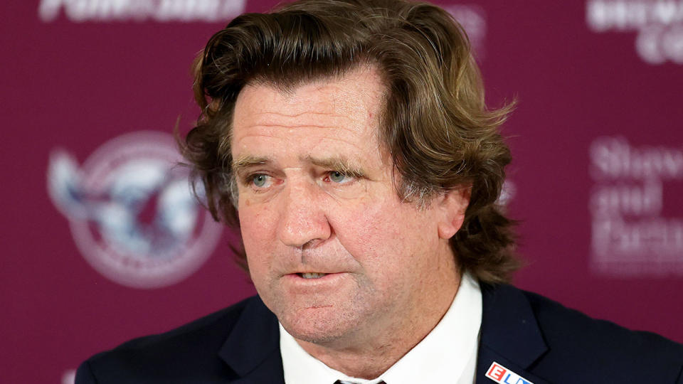 Pictured here, Manly coach Des Hasler at a press conference.