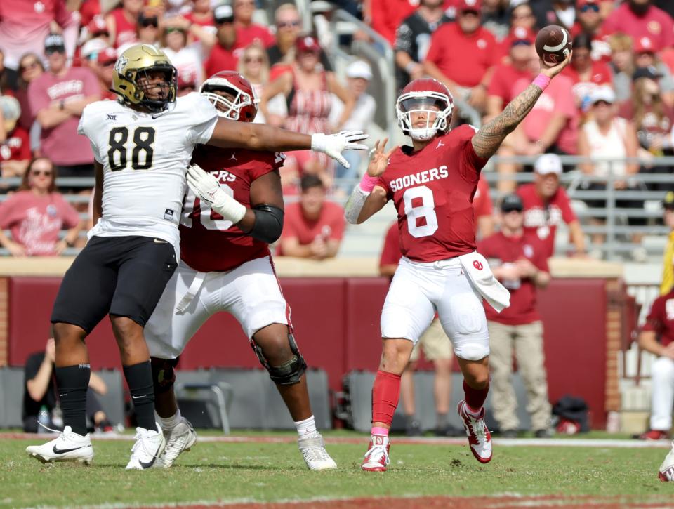 OU's Dillon Gabriel throws a pass in the second half against UCF on Saturday at Gaylord Family Oklahoma-Memorial Stadium in Norman.