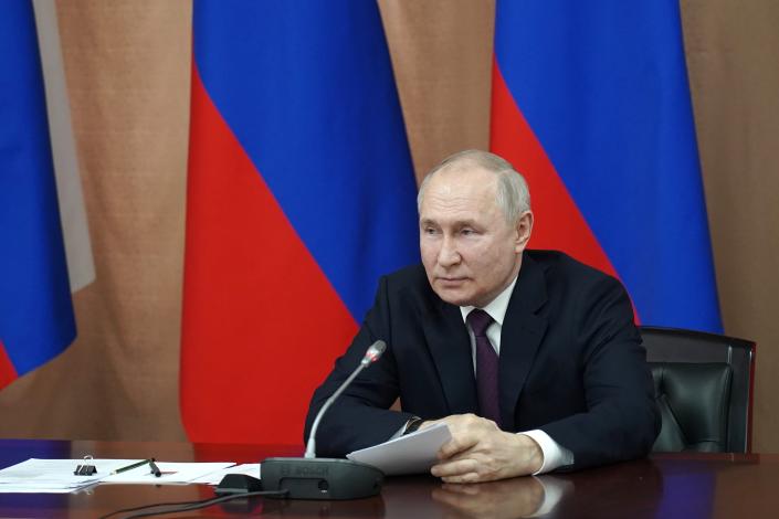 Russian President Vladimir Putin chairs a meeting of the Council on Interethnic Relations, in Pyatigorsk, South of Russia, Friday, May 19, 2023. (Tatiana Barybina, Sputnik, Kremlin Pool Photo via AP)