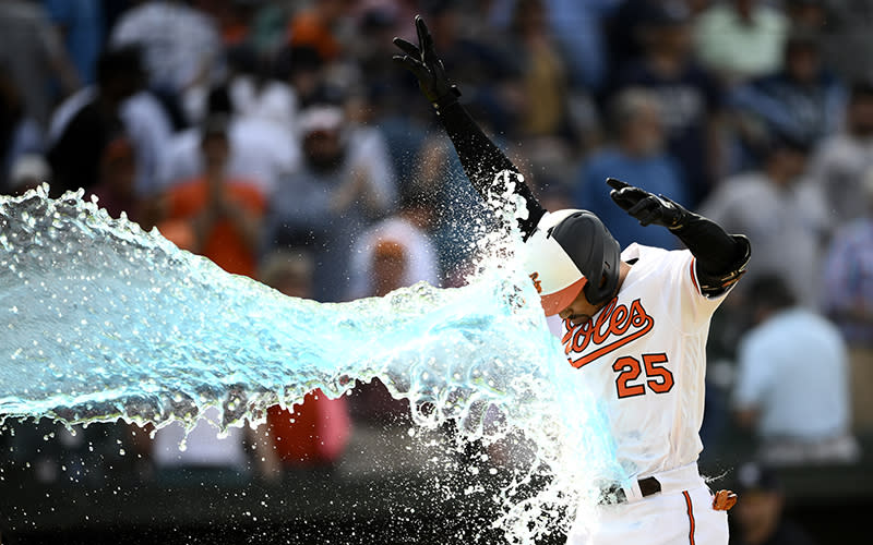 Baltimore Orioles outfielder Anthony Santander is doused as he celebrates