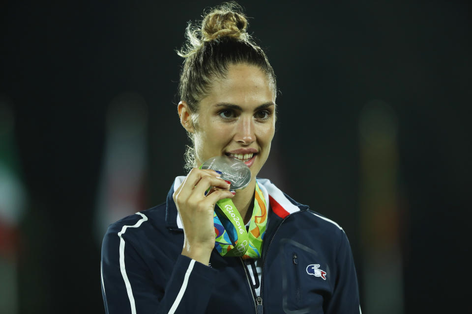 RIO DE JANEIRO, BRAZIL - AUGUST 19:  Silver medalist Elodie Clouvel of France poses on the podium during the medal ceremony for the Women's Modern Pentathlon on Day 14 of the Rio 2016 Olympic Games at the Deodoro Stadium on August 19, 2016 in Rio de Janeiro, Brazil.  (Photo by Sam Greenwood/Getty Images)