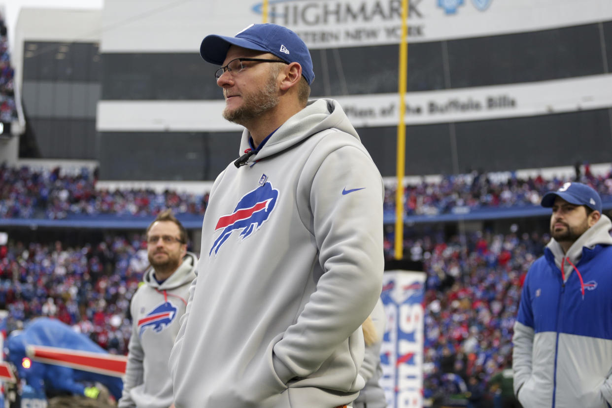 Bills assistant athletic trainer Denny Kellington takes the field before an NFL football game against the New England Patriots on Sunday, Jan. 8, 2023, in Orchard Park, N.Y. (AP Photo/Joshua Bessex)