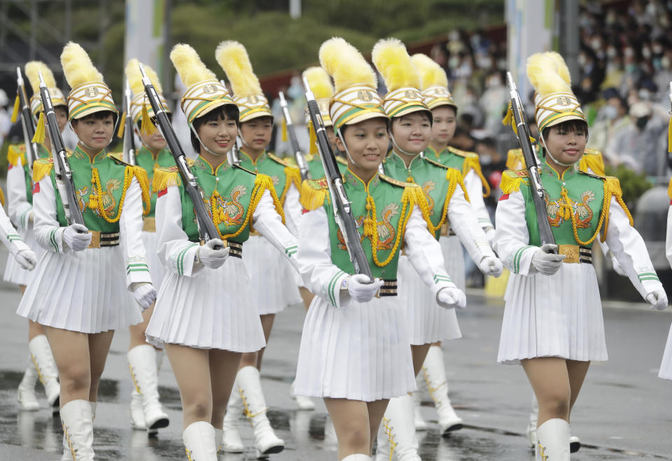 Dancers perform during National Day celebrations in front of the Presidential Building in Taipei, Taiwan, Monday, Oct. 10, 2022. (AP Photo/Chiang Ying-ying)