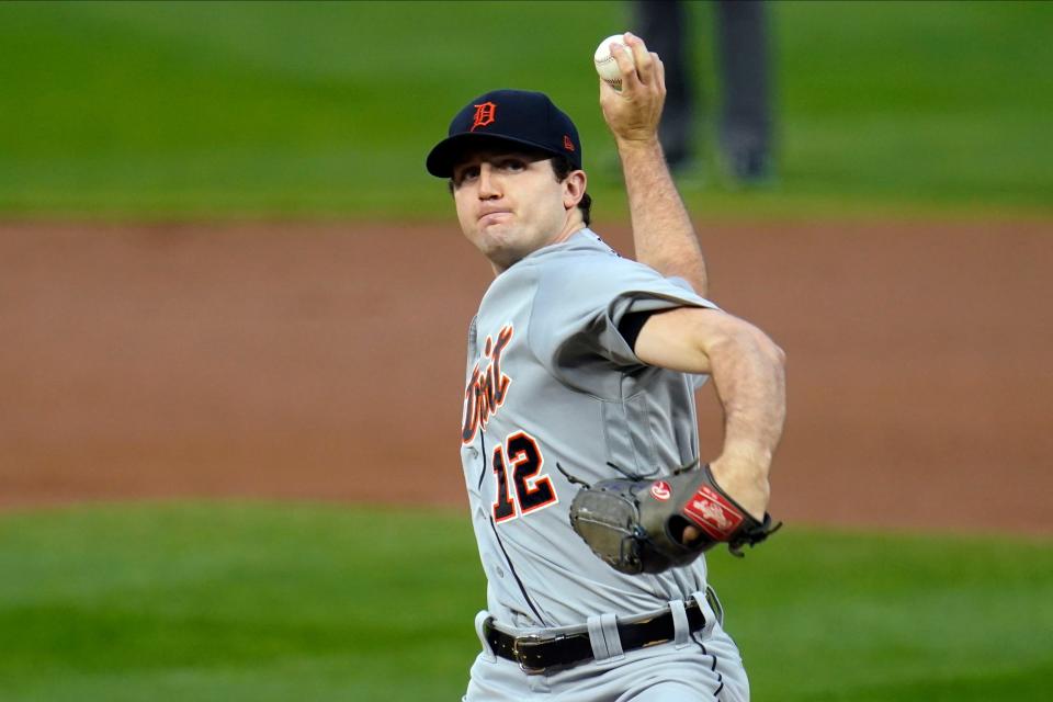 Detroit Tigers pitcher Casey Mize throws to a Minnesota Twins batter during the first inning of a baseball game Wednesday, Sept. 23, 2020, in Minneapolis.