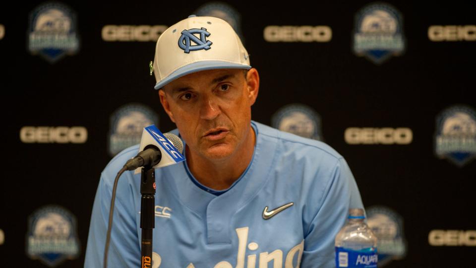 North Carolina baseball coach Scott Forbes speaks with reporters after the Tar Heels defeated No. 1 seed Virginia Tech in the ACC Tournament at Truist Field in Charlotte.