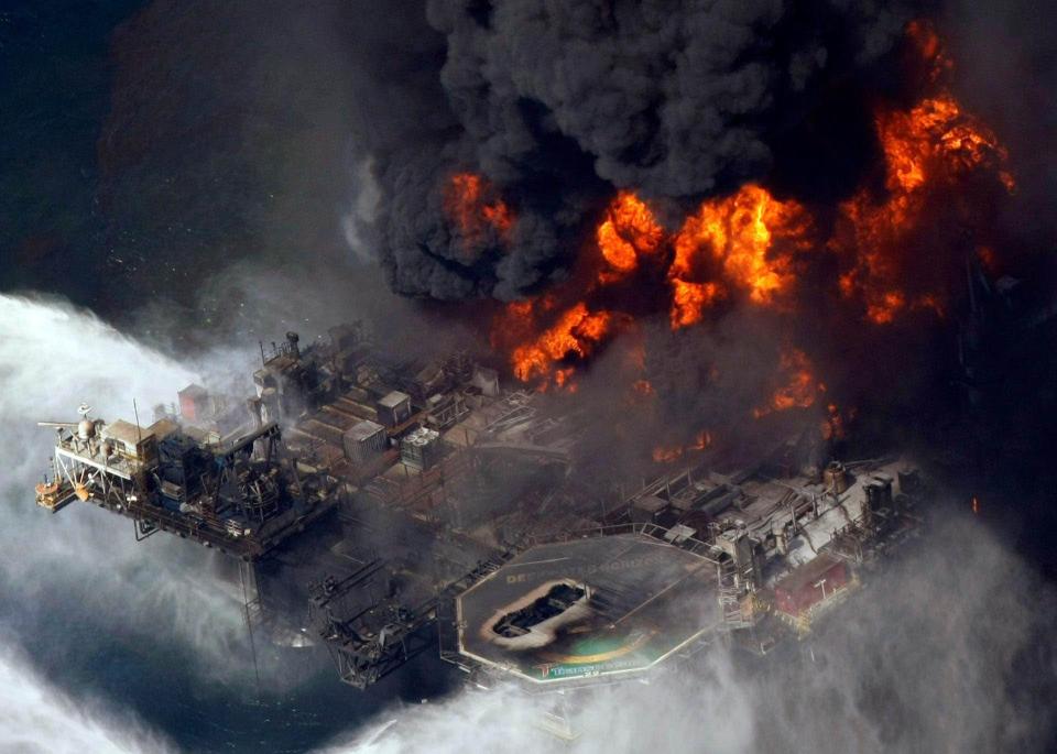 The Deepwater Horizon oil rig is engulfed in flames in 2010.