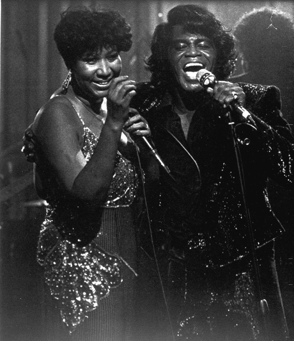 Performing with James Brown at the Taboo nightclub in Detroit in 1987.