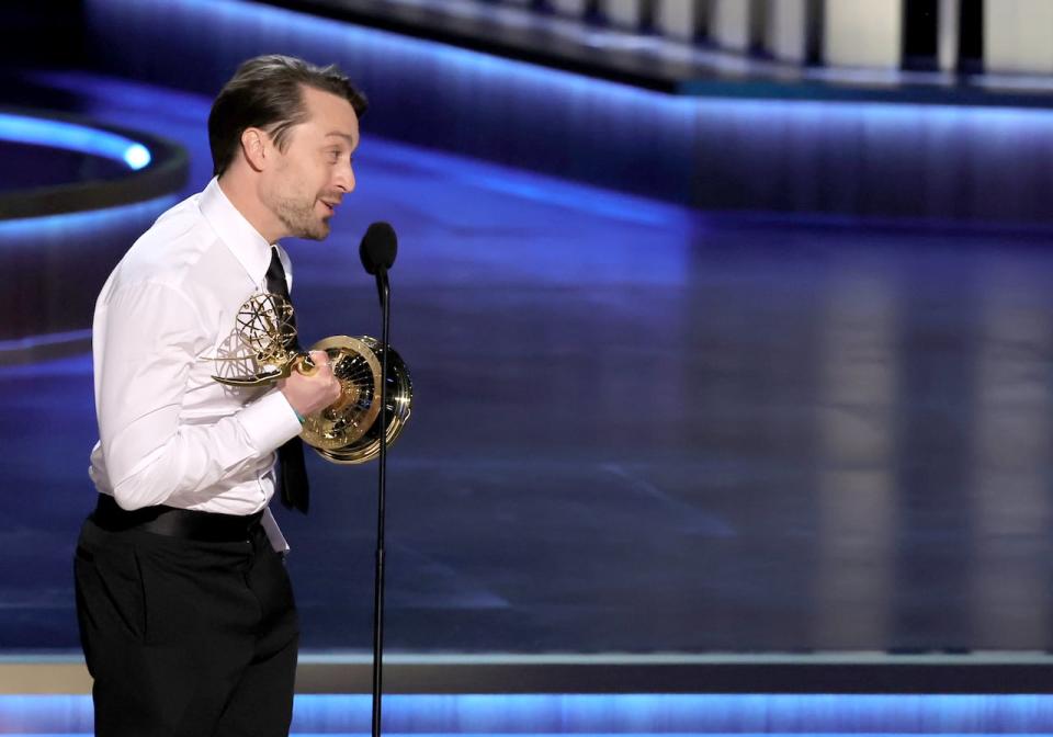 Kieran Culkin accepts the award for outstanding lead actor in a drama series for playing Roman Roy in HBO's Succession. It was the first year that Culkin was submitted to compete in the lead actor category.