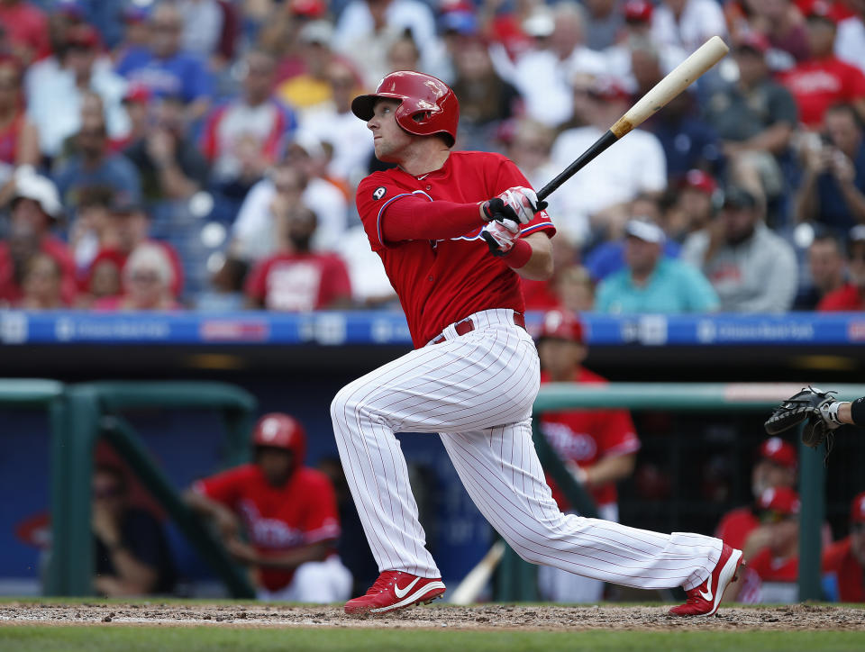 Philadelphia Phillies’ Rhys Hoskins hits a two-run single against the Miami Marlins during the third inning of a baseball game Thursday, Aug. 24, 2017, in Philadelphia, Pa. (AP Photo/Rich Schultz)