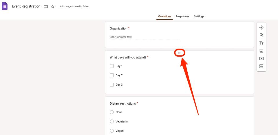 A screenshot of Google Forms shows the drag and drop icon emphasized with a red box and arrow.