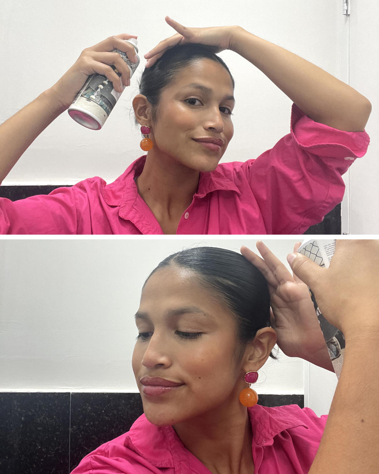 Woman sprays R+Co Halfpipe Spray on her bun up-do. (Courtesy Bianca Alvarez)