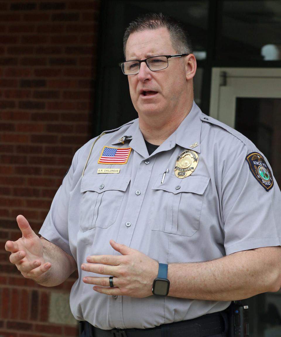 Kings Mountain Police Chief Gerald Childress talks to the media about an incident at Kings Mountain High School Monday morning, April 1, 2024.