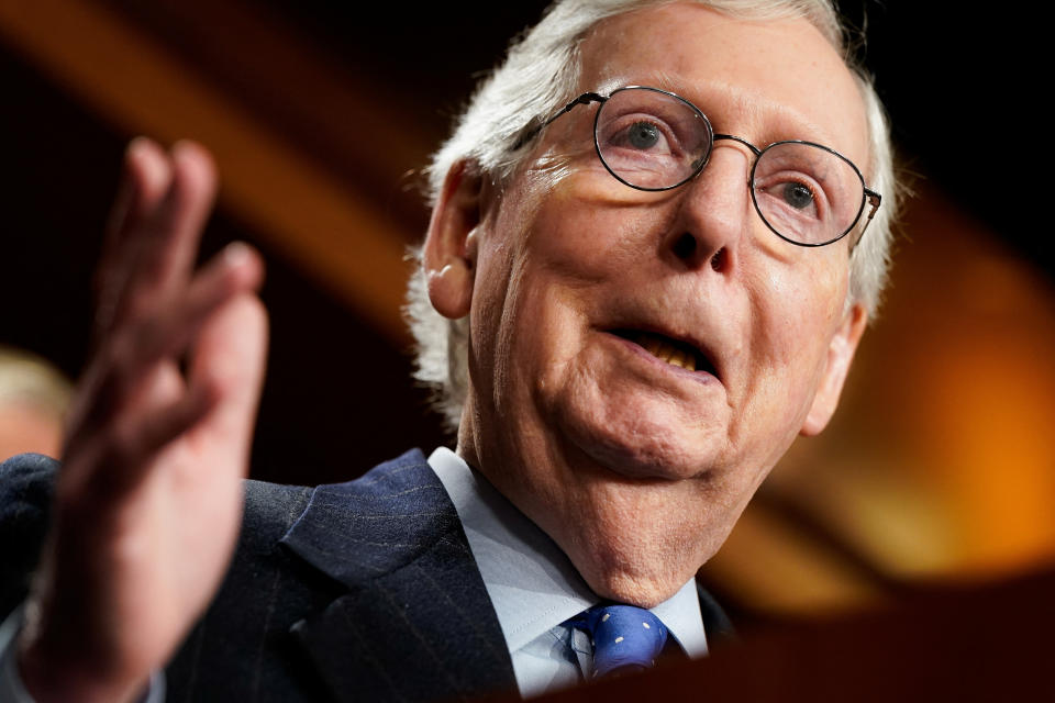 U.S. Senate Minority Leader Mitch McConnell (R-KY) speaks at a news conference following the Republican Senate leadership election that included his re-election as Minority Leader in the United States Capitol in Washington, United States, November 16, 2022. REUTERS/Elizabeth Frantz