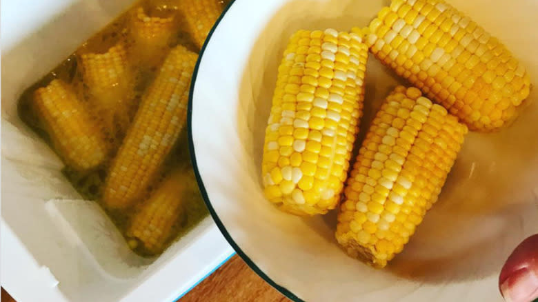 Person holding plate of cooler corn