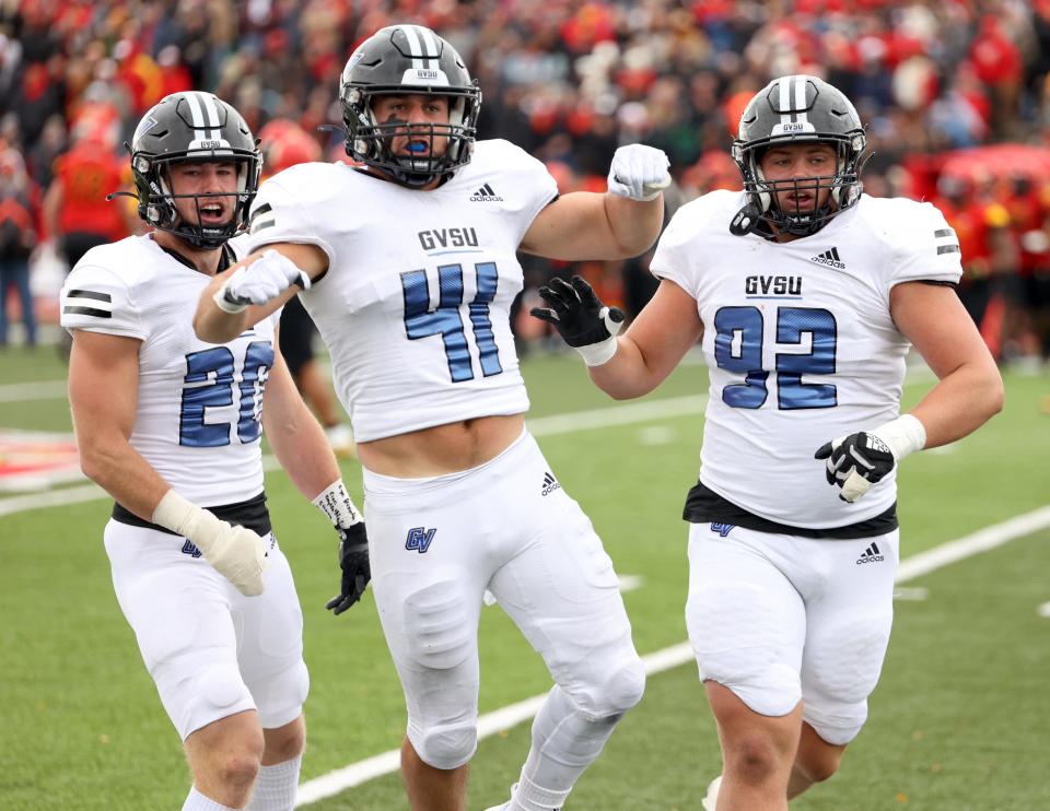 Grand Valley State safety Abe Swanson (41) celebrates his fumble recovery during the win over Ferris State on Saturday in Big Rapids.