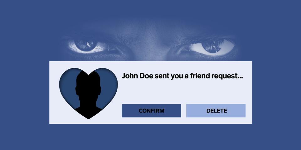 A friend request from 'John Doe' is shown with two large, looming eyes behind it.