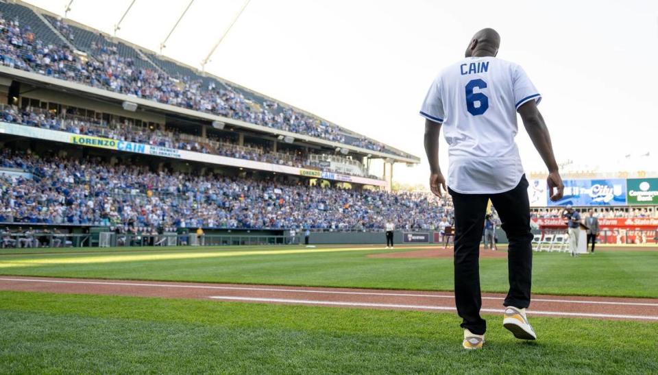 Former Kansas City Royals center fielder Lorenzo Cain walks on the field during a retirement ceremony at Kauffman Stadium on Saturday, May 6, 2023, in Kansas City. Cain signed a ceremonial one-day contract to retire as a Royal.
