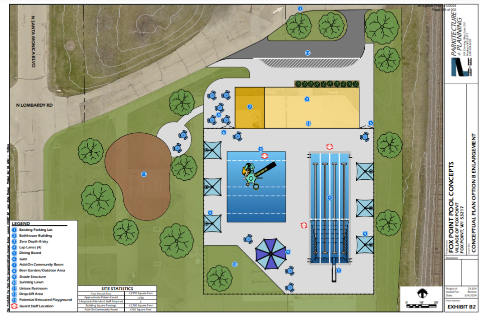 Concept plan Option B consists of two 2,000-square-foot pools, one with four lanes for swimming and another for activities, along with a 2,200-square-foot community building. It could accommodate 236 patrons and cost $4.5 million.