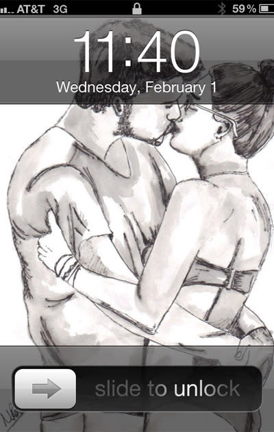 Celebrity couples: Awww, this drawing of Miley Cyrus kissing boyfriend Liam Hemsworth is her phone background. It’s a little OTT but as it’s only a sketch we’ll let them off.