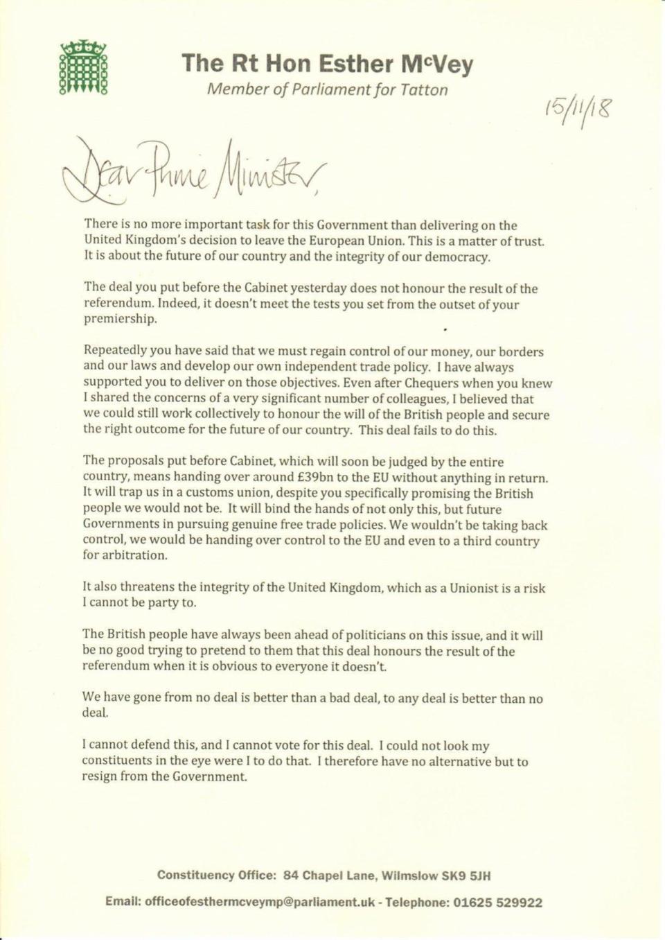 Esther McVey's letter to the Prime Minister
