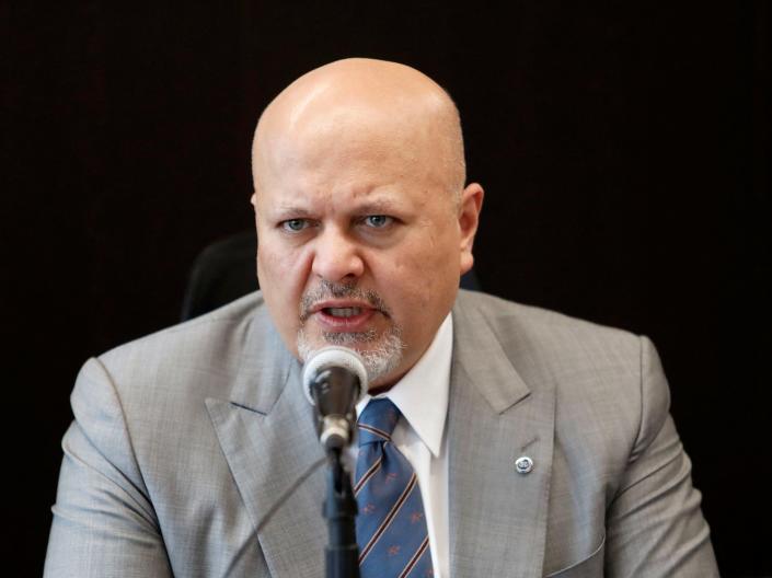 International Criminal Court Prosecutor Karim Khan delivers a statement at the Special Peace Jurisdiction offices in Bogota, October 27, 2021.
