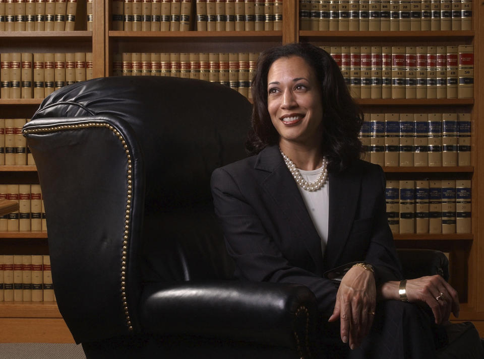 FILE - In this June 18, 2004, file photo San Francisco District Attorney Kamala Harris poses for a portrait in San Francisco. (AP Photo/Marcio Jose Sanchez, File)