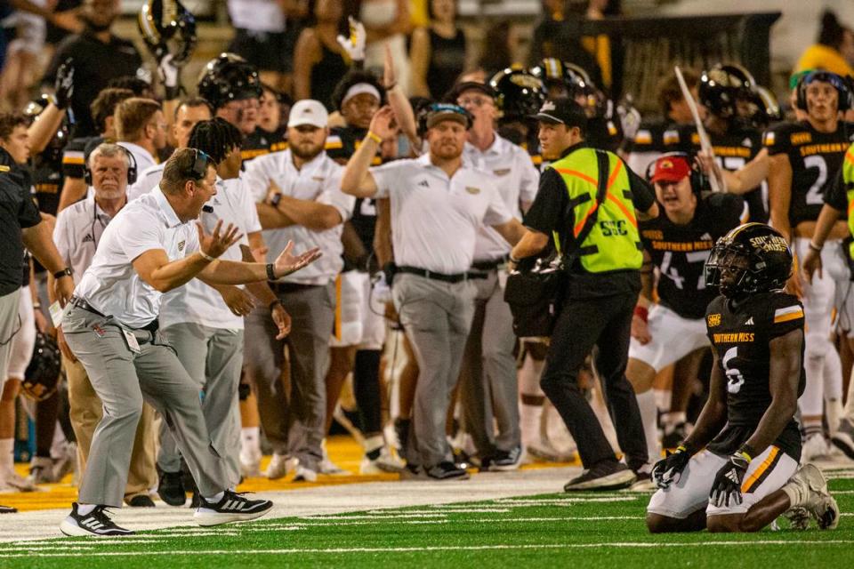 Southern Miss Coach Will Hall reacts after Southern Miss Golden Eagles wide receiver Latreal Jones (6) misses a pass during a game against Texas State at M.M. Roberts Stadium in Hattiesburg on Saturday, Sept. 30, 2023. Hannah Ruhoff/Sun Herald