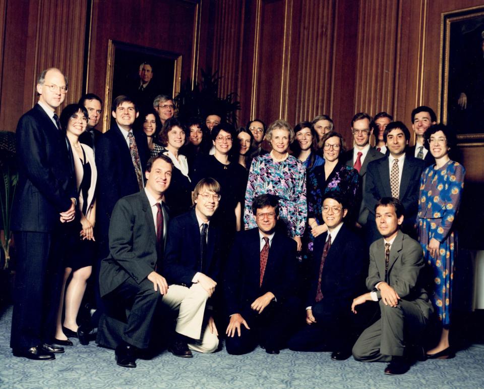 U.S. Supreme Court Justice Sandra Day O’Connor poses for a photo with present and former clerks during a reuinion in May 1991. | Denise Lindberg