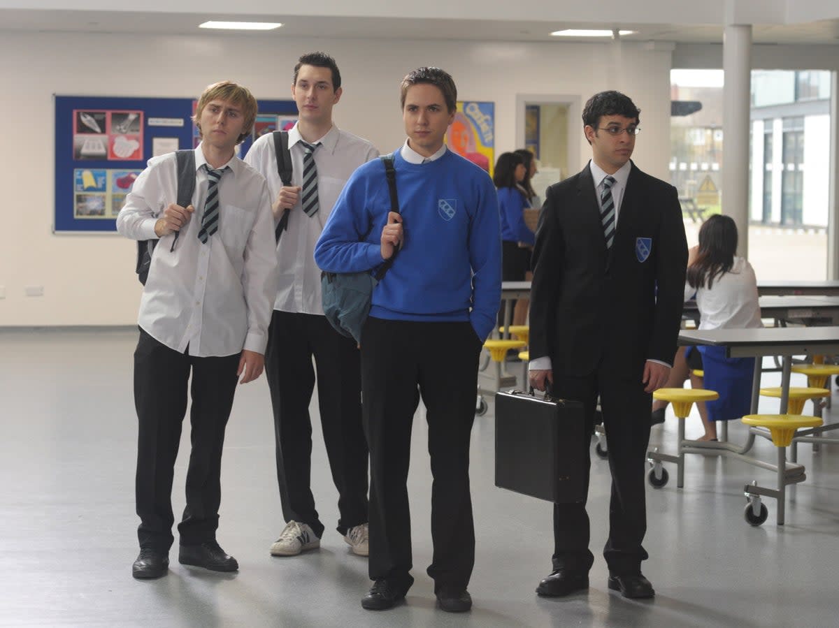 The lads: James Buckley, Blake Harrison, Joe Thomas and Simon Bird in ‘The Inbetweeners Movie’, 2011 (Bwark Prods/Kobal/Shutterstock)