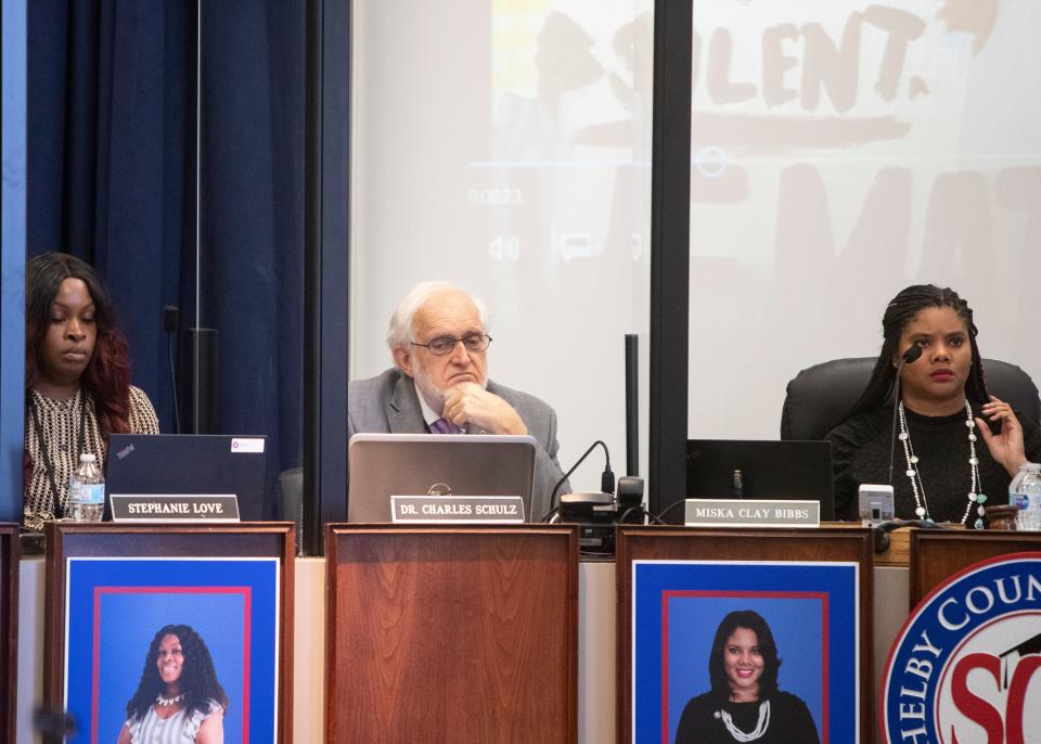 Board member Miska Clay Bibbs, Stephanie Love and Dr. Charles Schuiz during the first in-person Shelby County School board business meeting since the pandemic in Memphis, Tenn., on Tuesday, April 6, 2021.