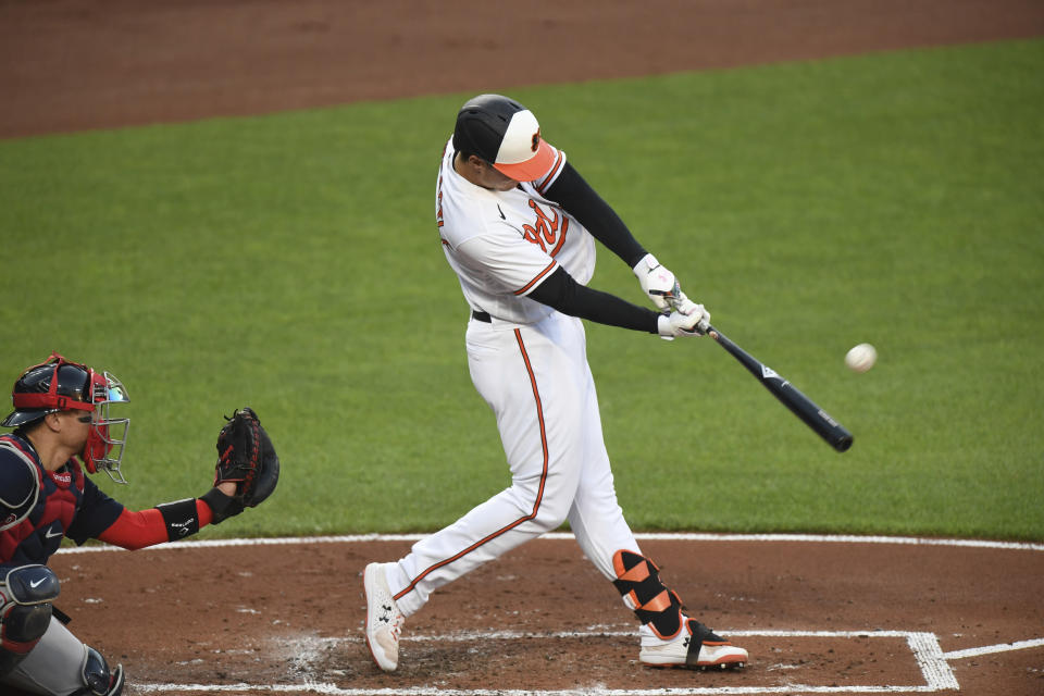 Baltimore Orioles Ryan Mountcastle hits a solo home run against the Boston Red Sox during the first inning of baseball game Monday, May 10, 2021, in Baltimore. (AP Photo/Terrance Williams)